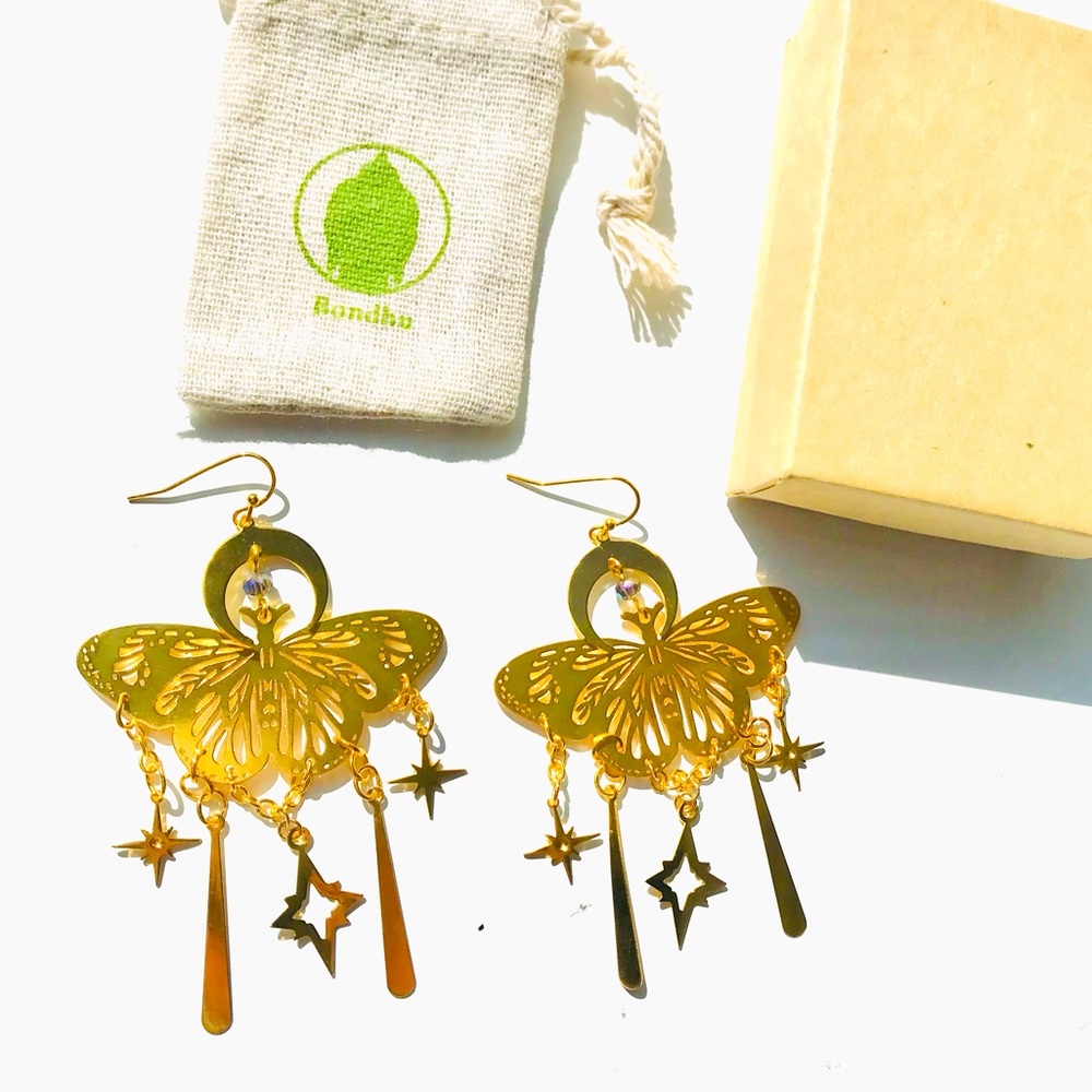 Mystical Luna Moth with Celestial Moon & Stars Gold Dangle Earrings